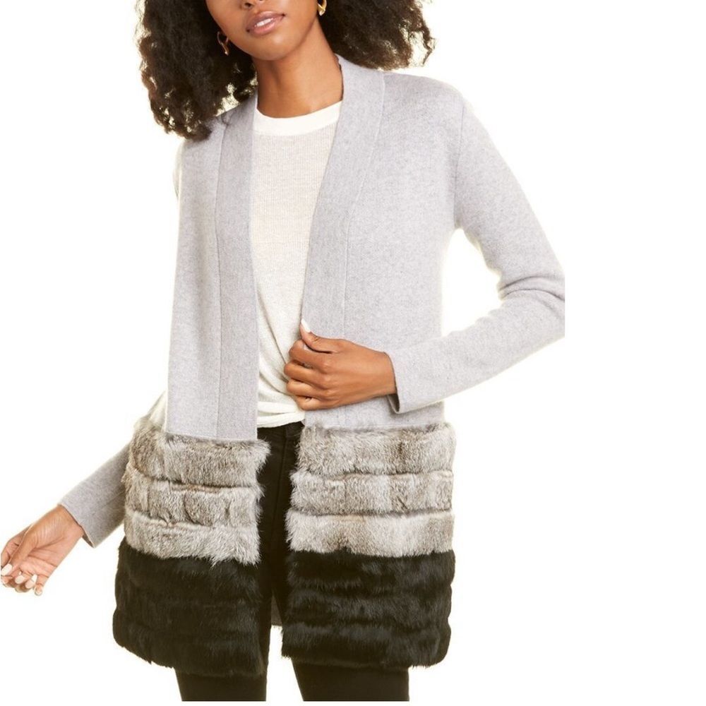 The Cashmere Project Rabbit Fur Trim Open Front Cardigan Sweater Grey XS